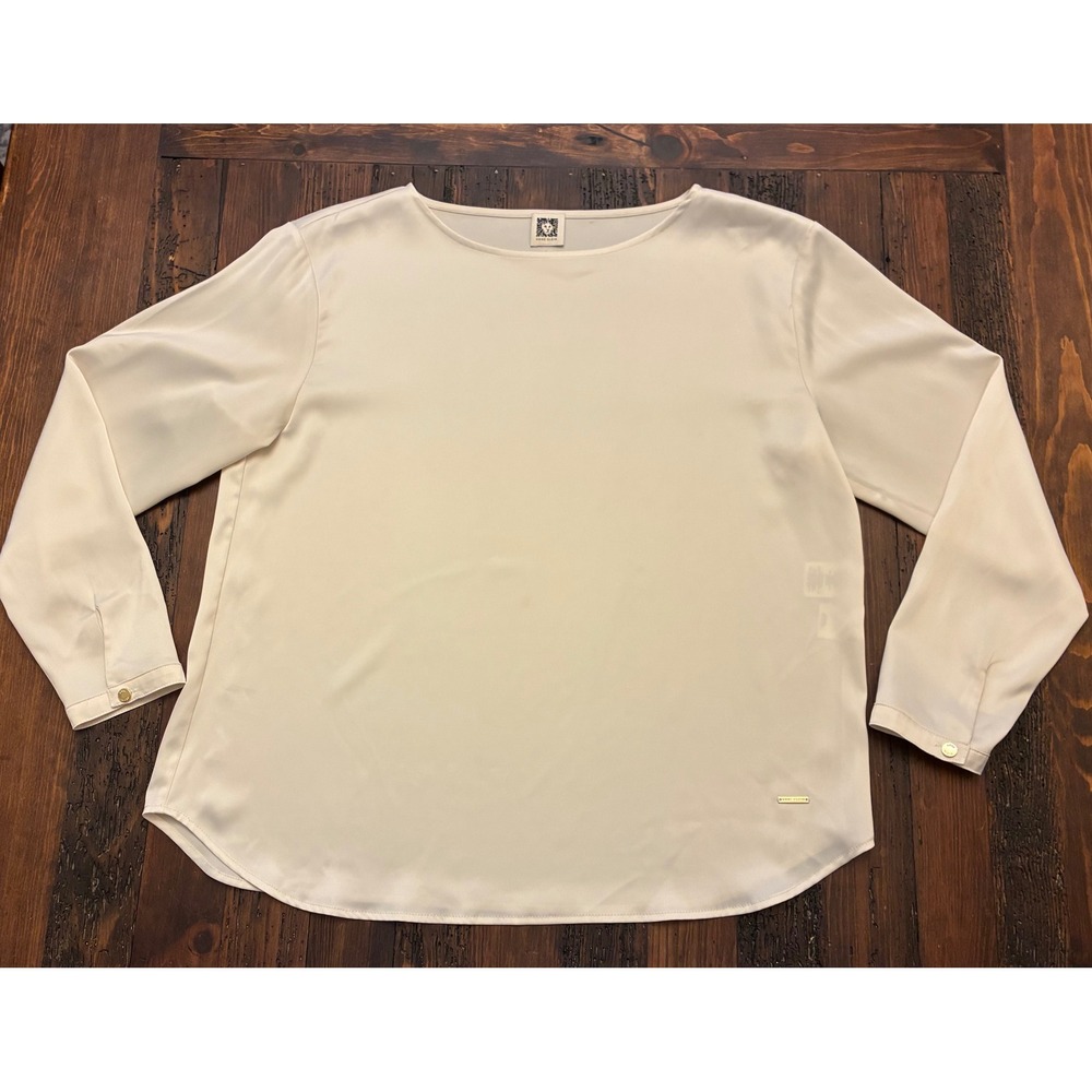 Vintage Satin Ivory Long Sleeve Scoop Neck Blouse Gold Buttons Women Large Chic